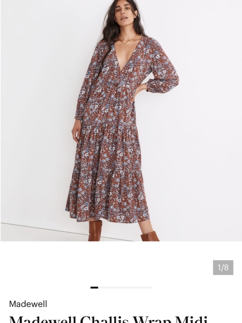 Madewell Brown Floral Midi Dress with Blue Accents - Picture 2 of 4